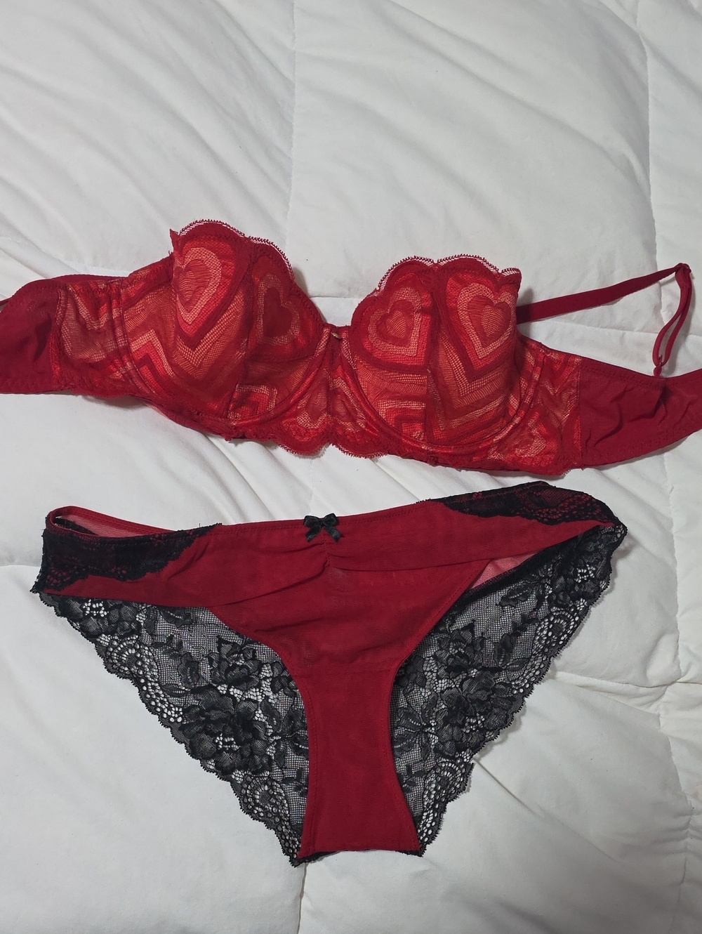 Red Lace Heart Balconette Bra & Lace Trim Bikini Panty Set